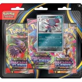 Pokémon TCG Phantasmal Flames 3-Pack Blister featuring Weavile foil promo card and three sealed booster packs